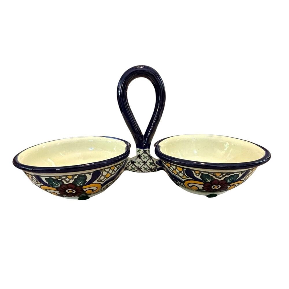 Mexican Puebla Talavera Hand-painted Double Sided Ceramic Salsa Condiment Bowl